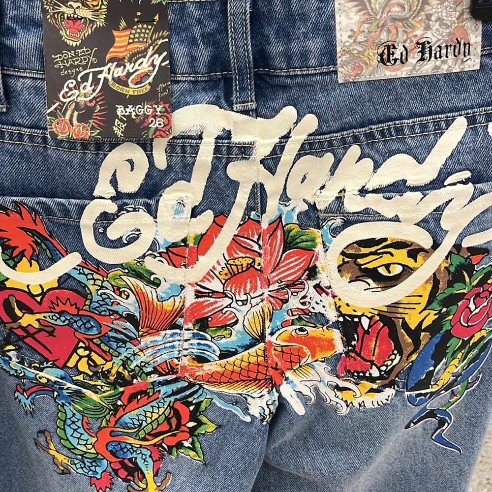 Ed Hardy Blue Straight Jeans with Artistic Design